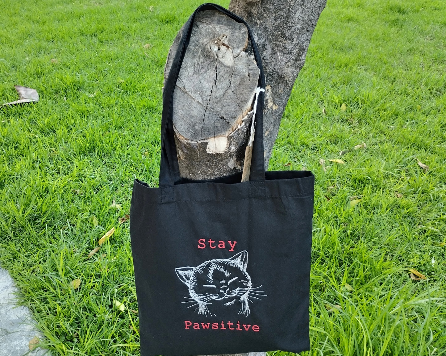 Cat, Stay pawsitive, funny quote, Shopping - Tote bag, Machine embroidered, personalized with name or text