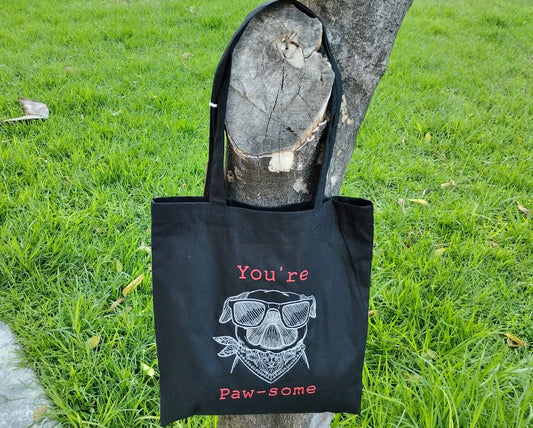 Dog with bandana, funny quote, You are Paw-some, Shopping - Tote bag, Machine embroidered, personalized with name or text