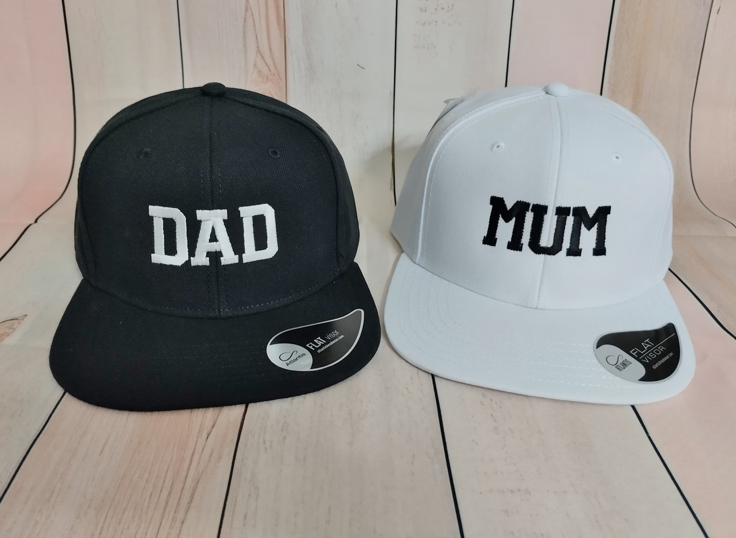 Dad Mom/Mum - Matching snapback caps for dad and mom embroidered with text, initials or names