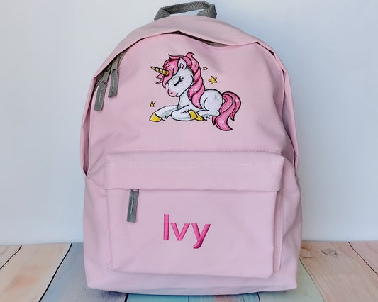 Unicorn and name or text on backpack, Personalized, Machine embroidered, ideal for school, outdoor activities