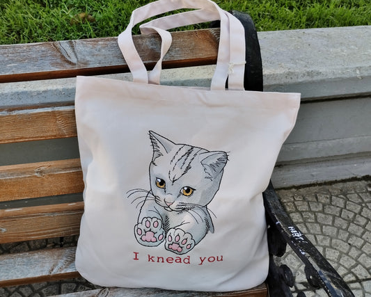 Kitty, cute cat, I kneed you, Shopping - Tote bag, Machine embroidered, personalized with name or text