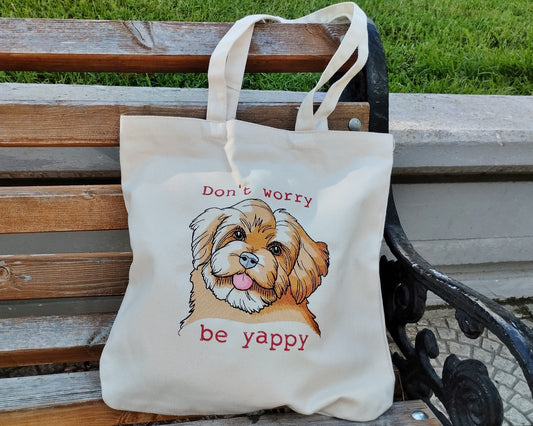 Dog with funny quote | Don't worry Be yuppy, Shopping - Tote bag, Machine embroidered, personalized with name or text