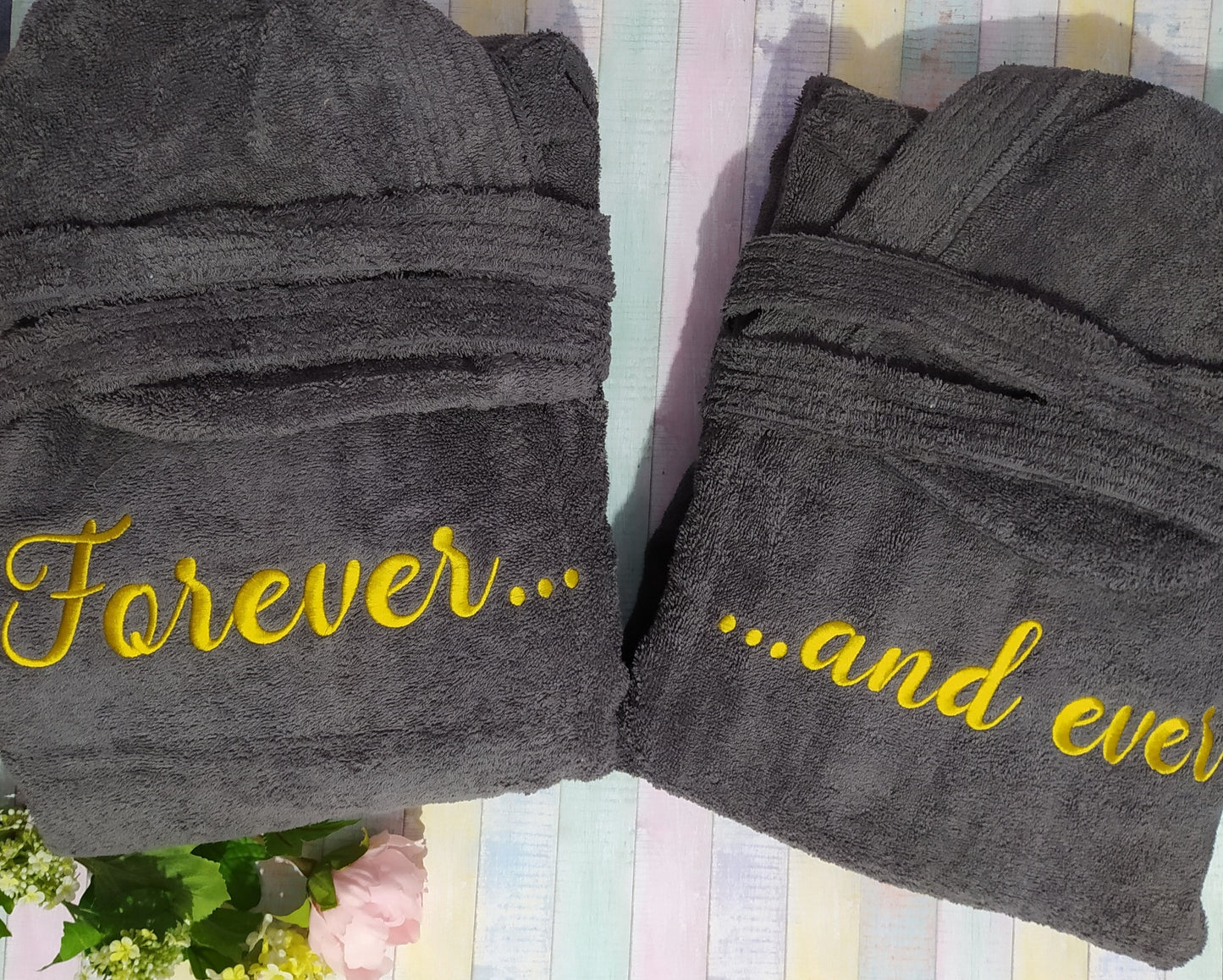 Forever ...and Ever - Set of two terry cloth hooded bathrobes for couples - For him and her - Machine embroidered