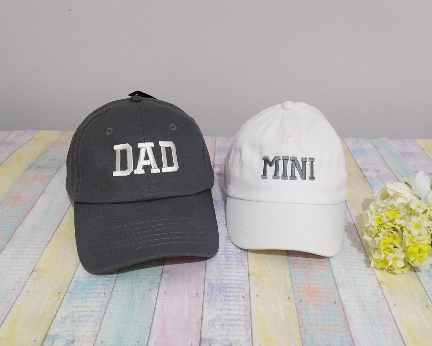 Dad Mini - Matching baseball caps for dad or mom and child embroidered with text, initials or names