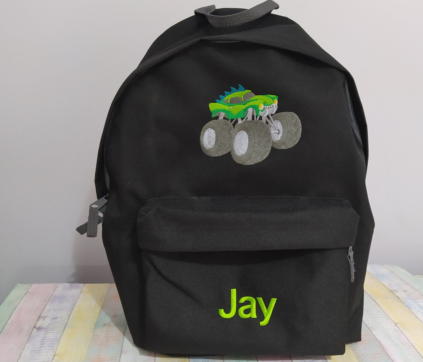 Monster truck and name or text on backpack, Personalized, Machine embroidered, ideal for school, outdoor activities