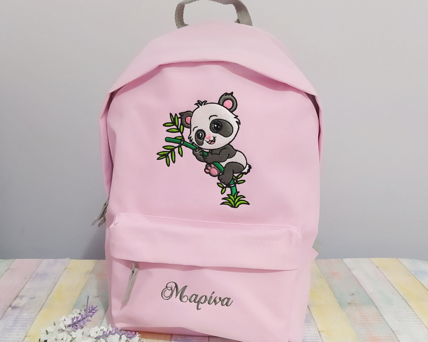 Panda on a branch and name or text on backpack, Personalized, Machine embroidered, ideal for school, outdoor activities