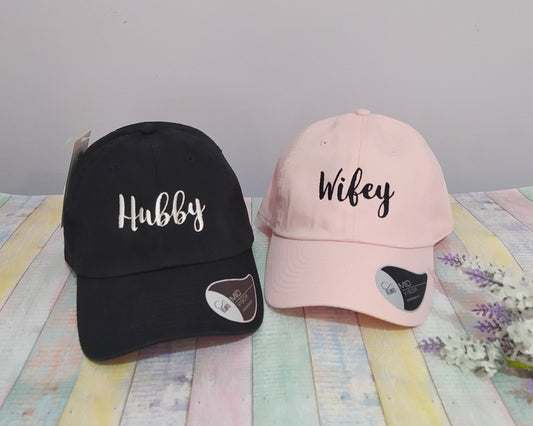 Hubby Wifey - Matching baseball caps for dad and mom embroidered with text, initials or names