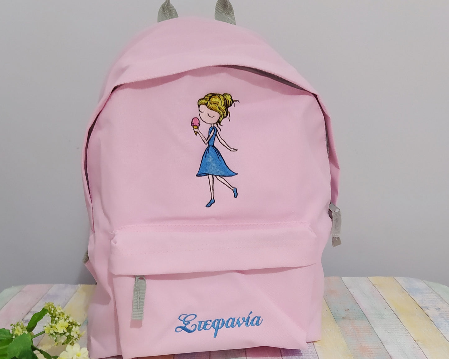 Girl with ice cream and name or text on backpack, Personalized, Machine embroidered, ideal for school, outdoor activities