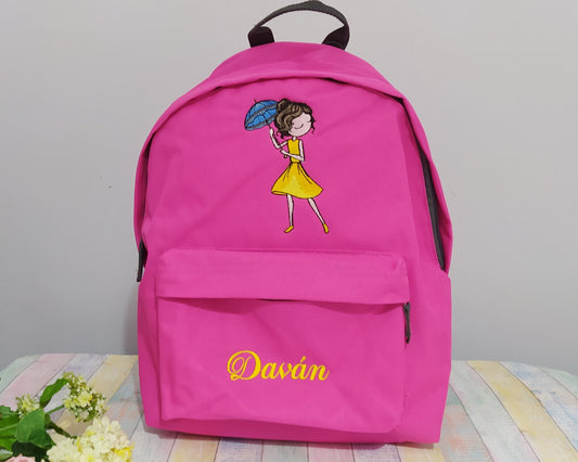 Girl with umbrella and name or text on backpack, Personalized, Machine embroidered, ideal for school, outdoor activities