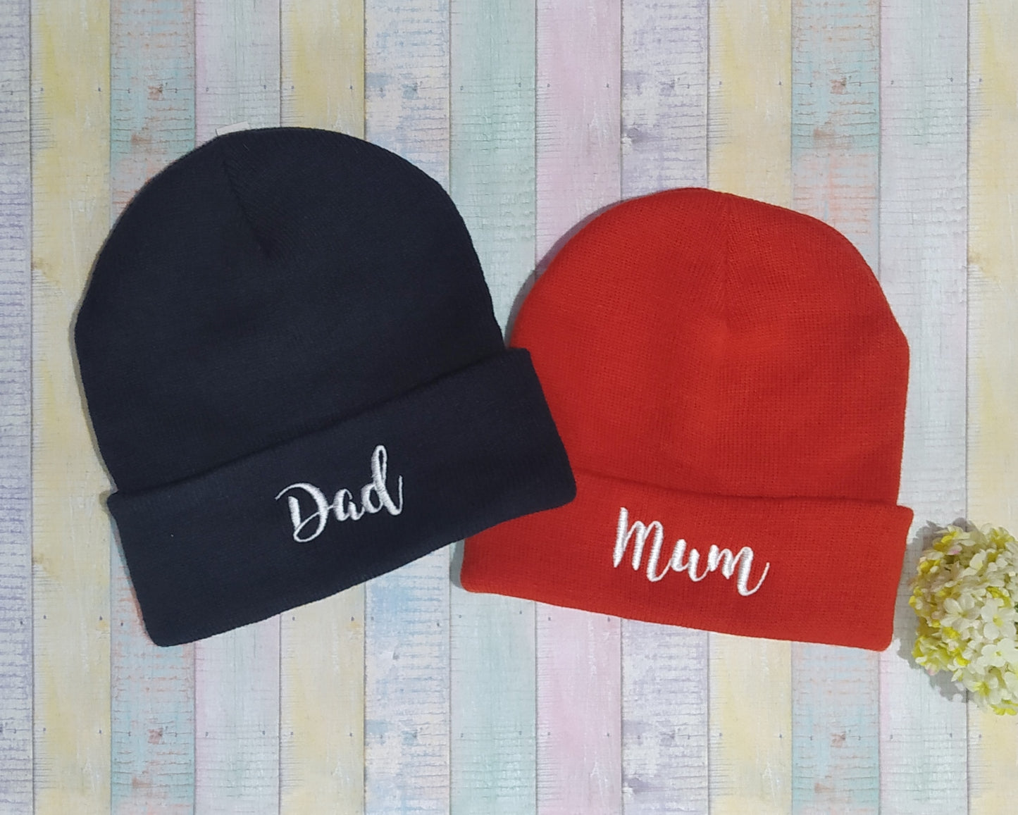 Dad Mom/Mum - Matching beanies for dad and mom embroidered with text, initials or names