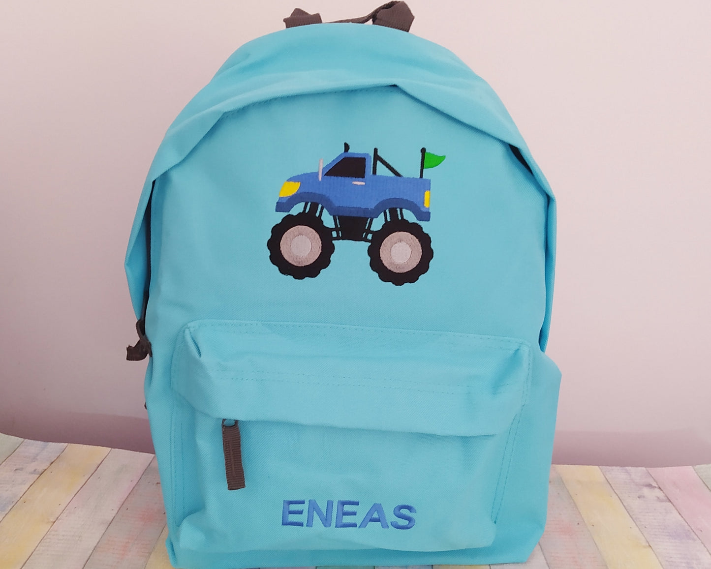 Monster trcuck and name or text on backpack, Personalized, Machine embroidered, ideal for school, outdoor activities