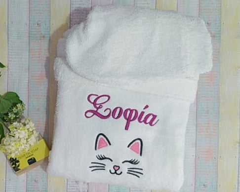 Cat face and name - Terry cloth hooded bathrobe for babies - Machine embroidered