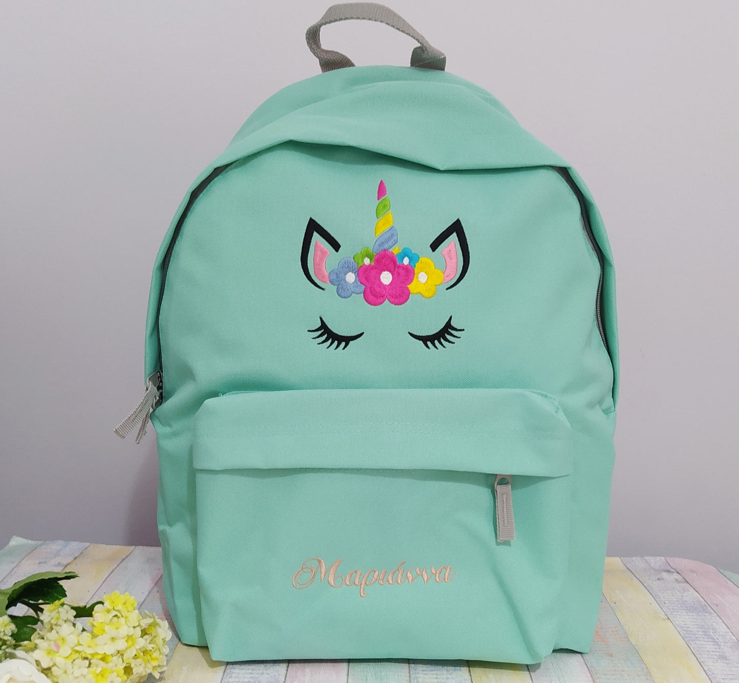 Unicorn with flowers and name or text on backpack, Personalized, Machine embroidered, ideal for school, outdoor activities