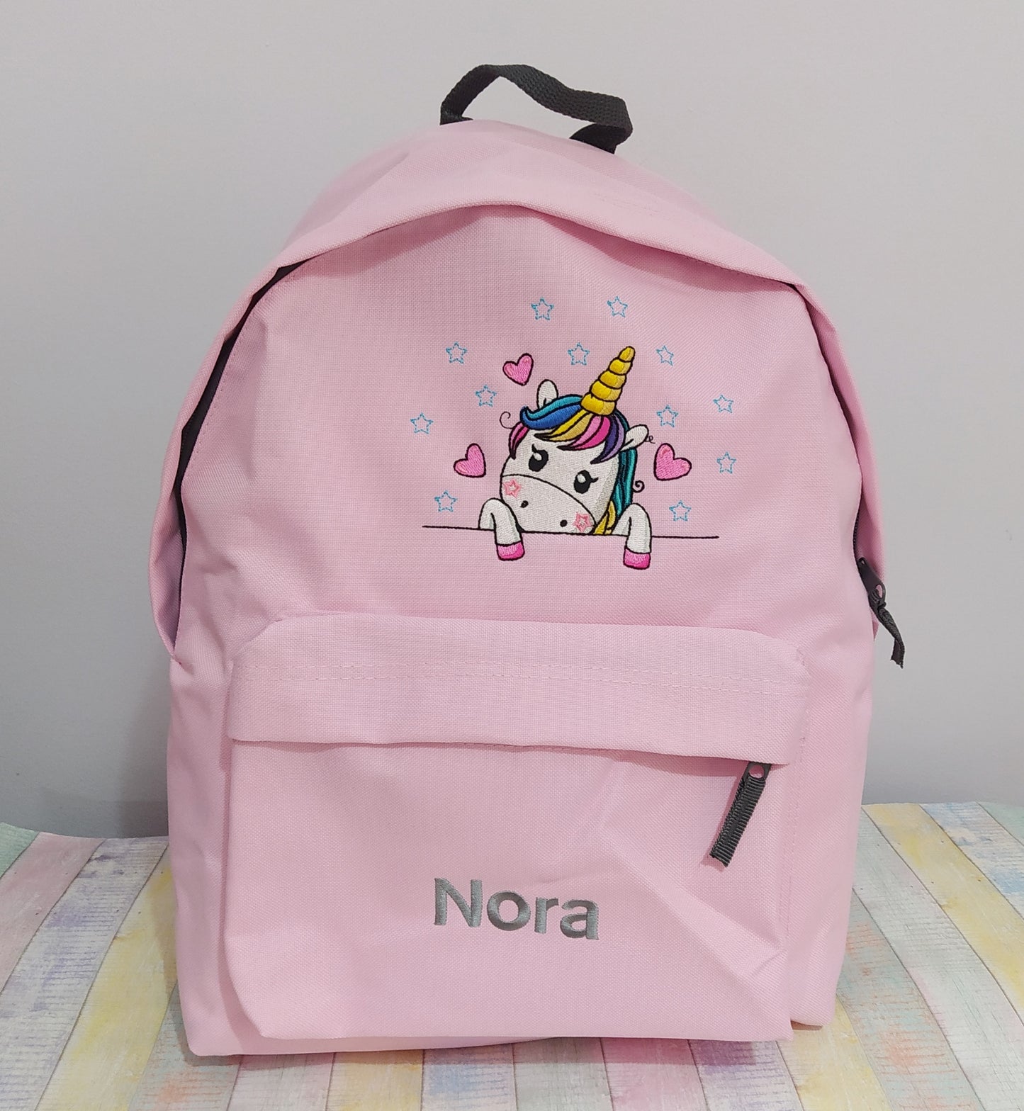 Unicorn with hearts and name or text on backpack, Personalized, Machine embroidered, ideal for school, outdoor activities