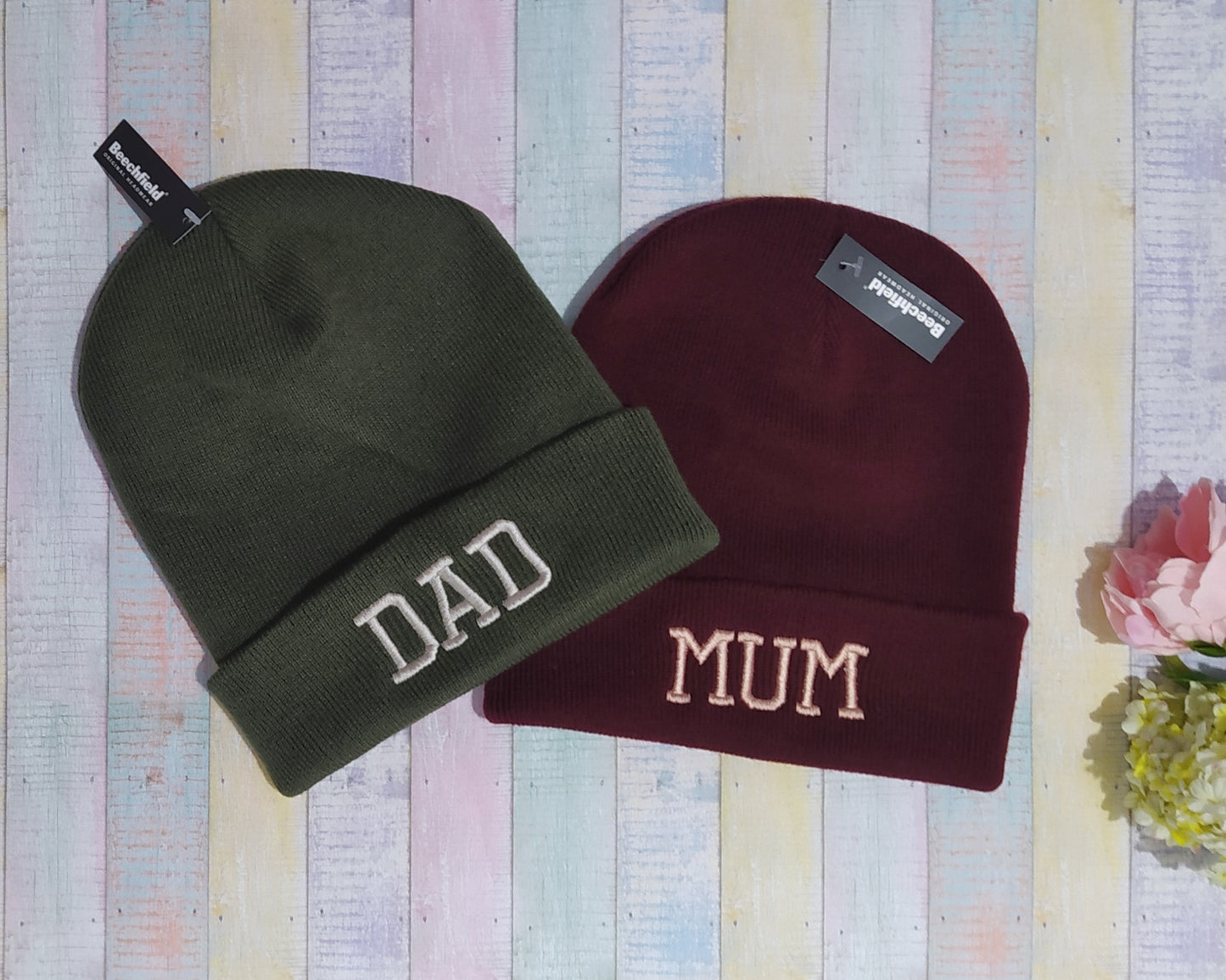 Dad Mom/Mum - Matching beanies for dad and mom embroidered with text, initials or names