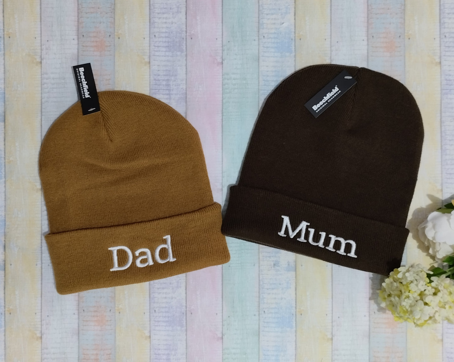 Dad Mom/Mum - Matching beanies for dad and mom embroidered with text, initials or names