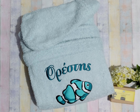 Clone fish and name - Terry cloth hooded bathrobe for kids - Machine embroidered