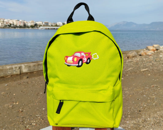 Fast car and name or text on backpack, Personalized, Machine embroidered, ideal for school, outdoor activities