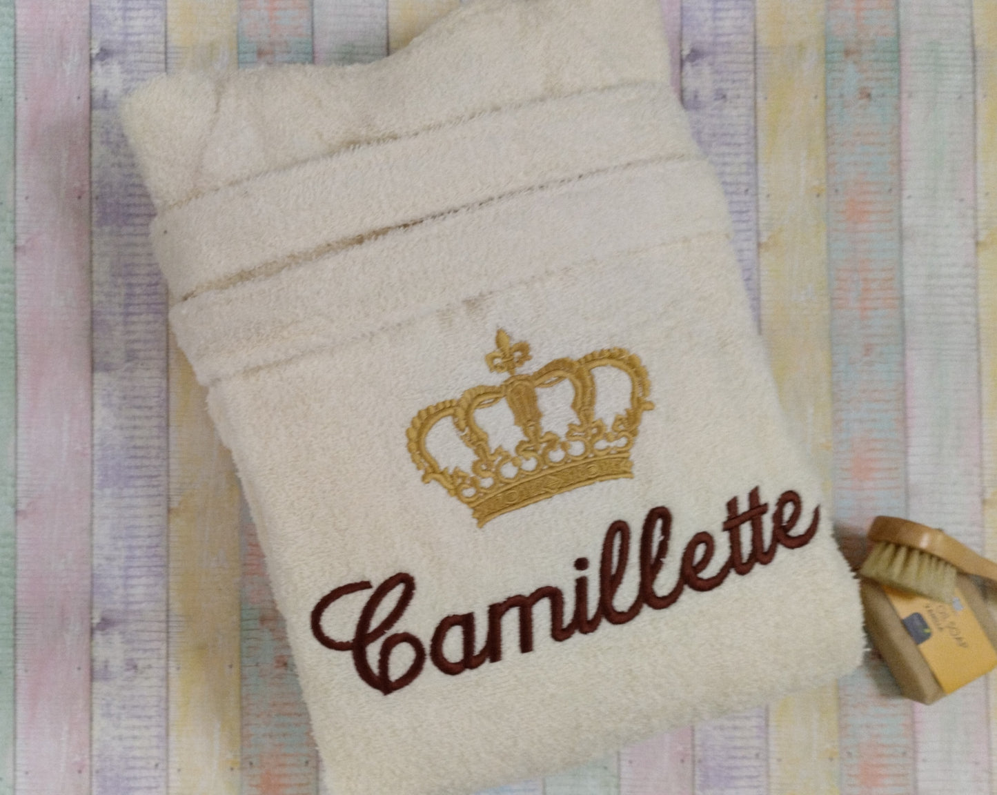 Large crown and name - Terry cloth hooded bathrobe for adults - Machine embroidered