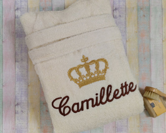 Large crown and name - Terry cloth hooded bathrobe for adults - Machine embroidered