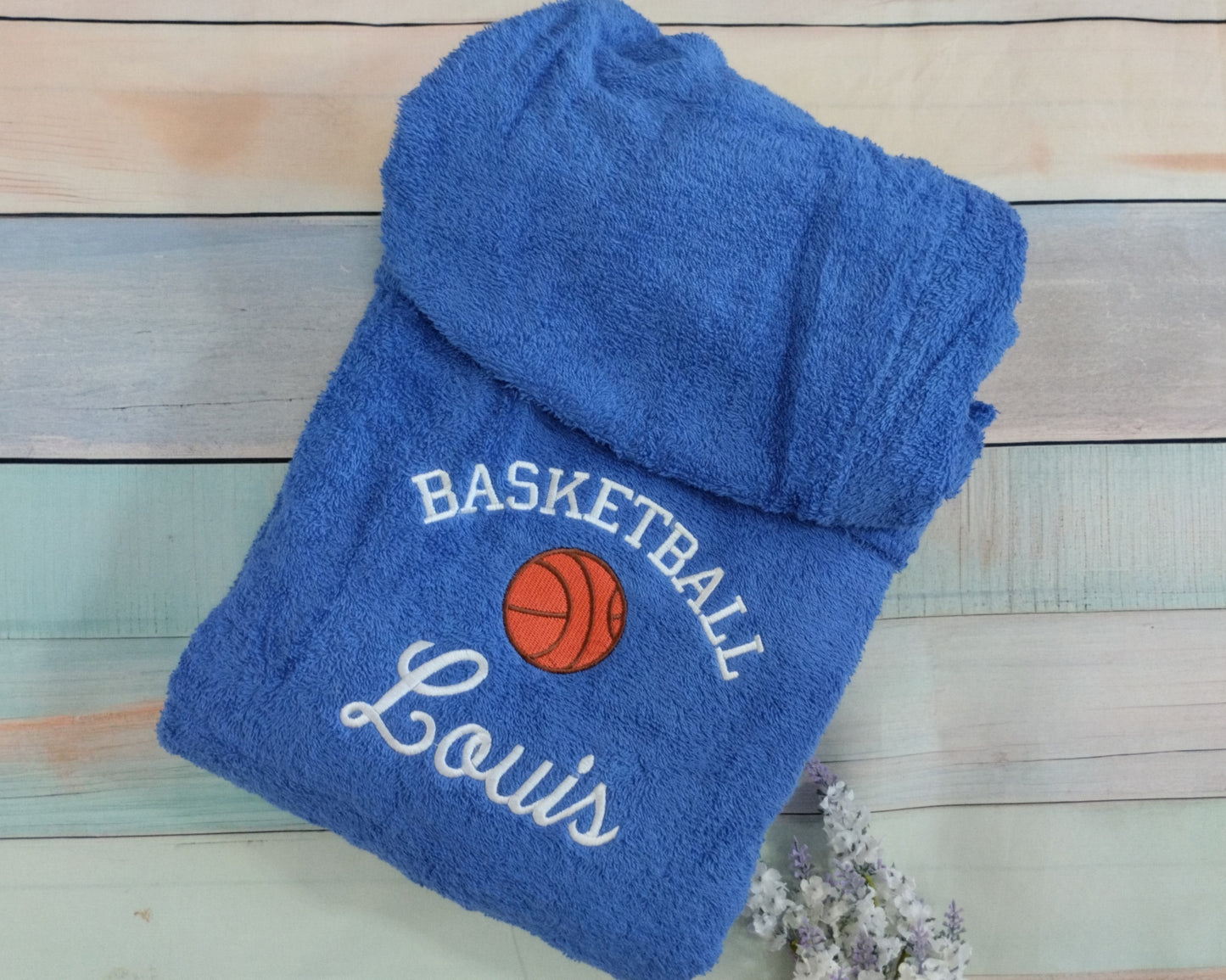 Basketball and name - Terry cloth hooded bathrobe for kids - Machine embroidered